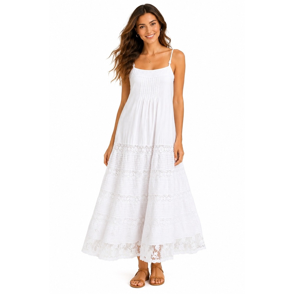 Soft Surroundings Womens Maxi Dress 1X White Cotton Lace Pintuck Boho